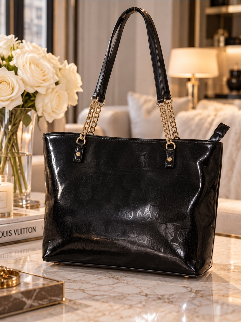 MICHAEL Michael Kors Delancy Large Black Patent Logo Chain Tote Bag